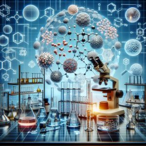 Scientific laboratory setting with beakers, test tubes, and equipment showcasing the active ingredients of Alto Defense Serum and skin cells being protected and rejuvenated.