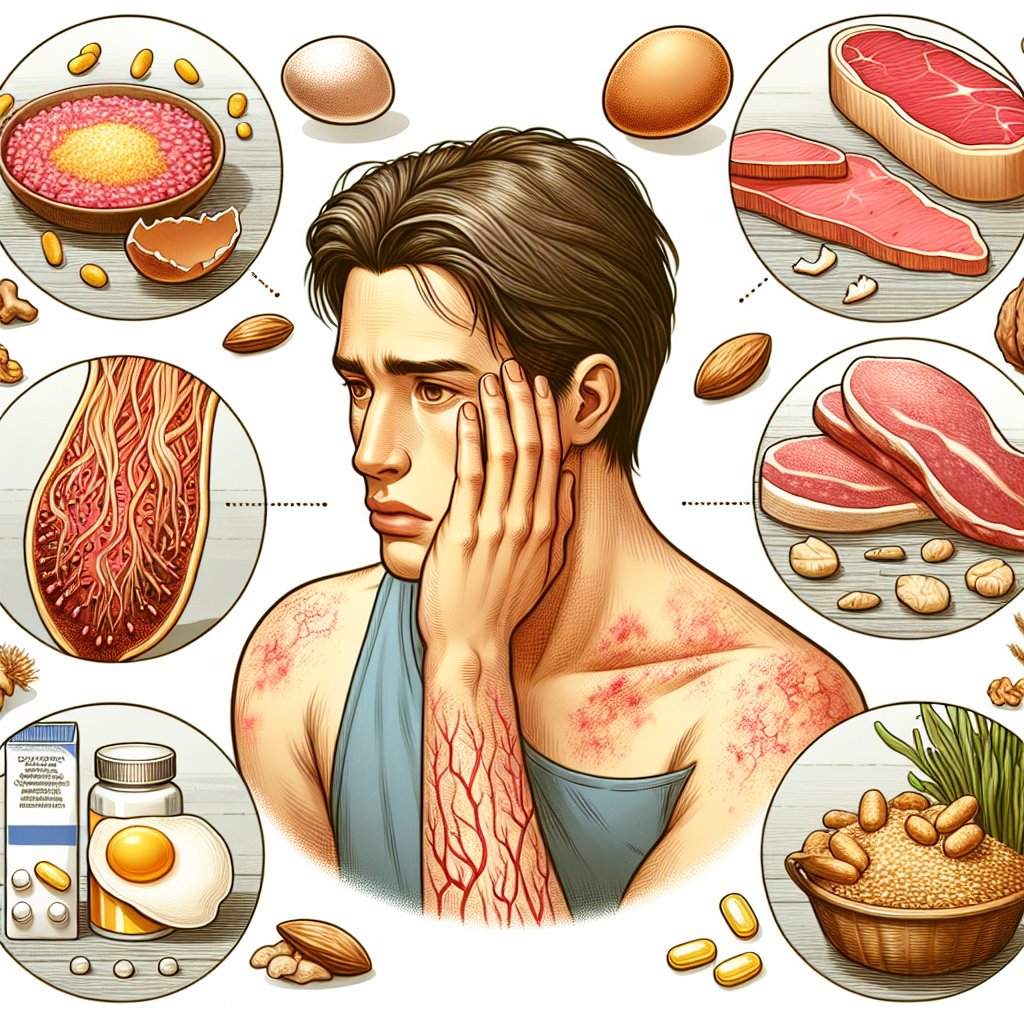 Illustration of hair loss, skin rashes, and brittle nails with biotin-rich foods and supplements