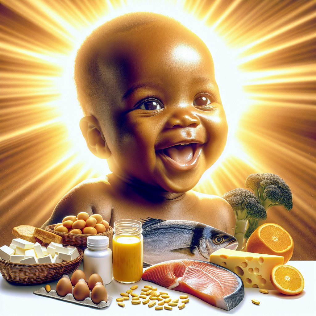 Smiling baby surrounded by vitamin D-rich foods and sunlight