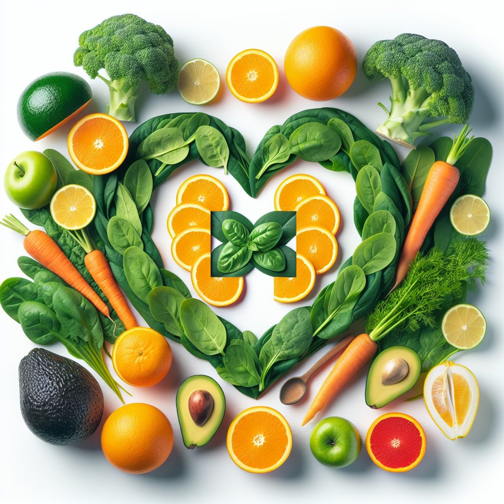Assortment of colorful fruits and vegetables arranged in the shape of a wound healing symbol, representing essential vitamins for post-surgery recovery.