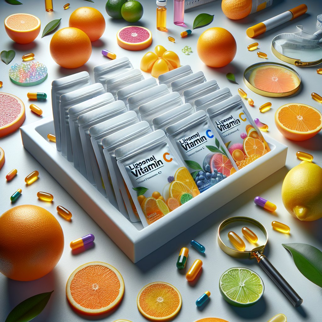 Liposomal vitamin C supplements displayed with fresh citrus fruits and magnifying glasses on a white surface.