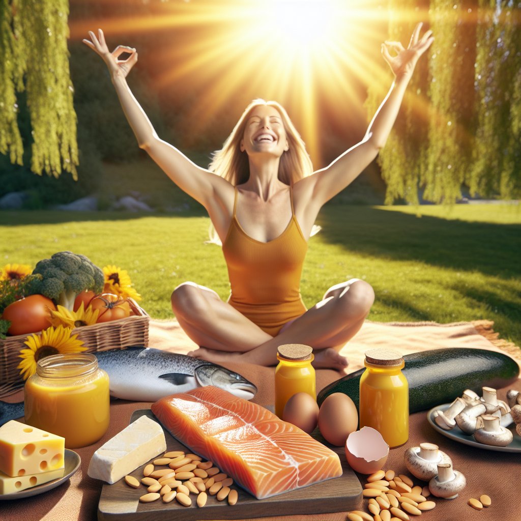 Person surrounded by Vitamin D-rich food in a serene outdoor setting
