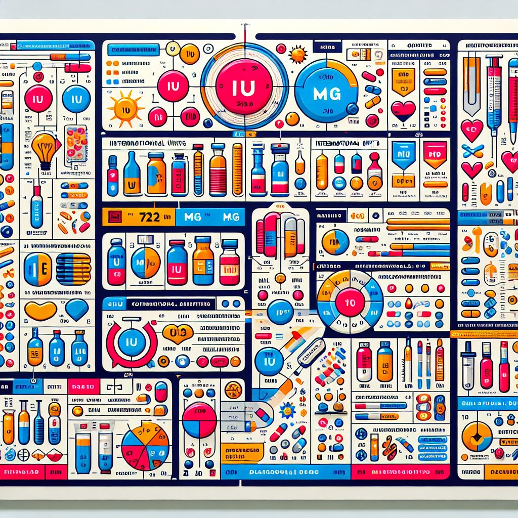 A visually appealing IU to mg conversion chart with illustrations of common substances and relevant symbols, highlighting the vital link between International Units and Milligrams in healthcare and nutrition.