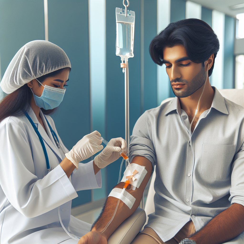 Professional healthcare provider administering intravenous vitamin C to a patient in a modern medical facility.