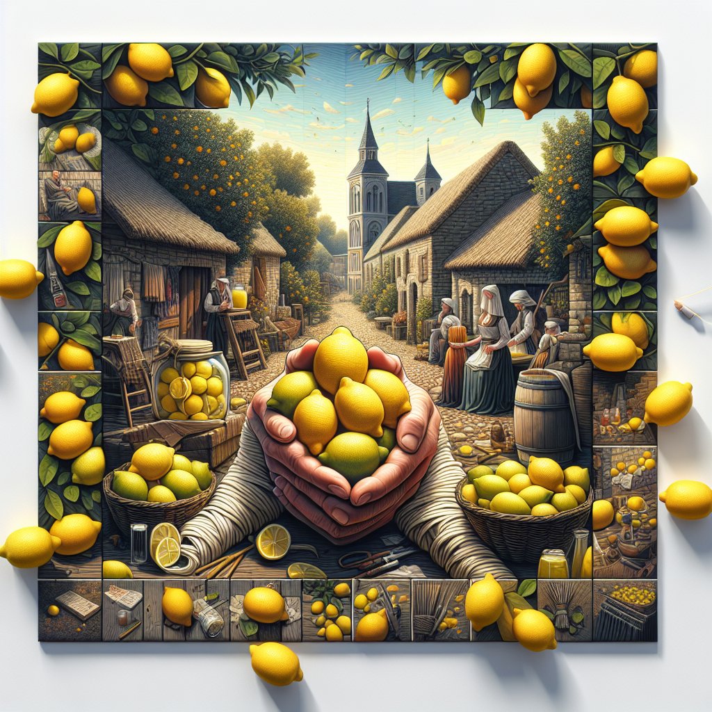 A vibrant scene blending historic myths, literary references, and modern culture to showcase the enduring impact of lemons worldwide.