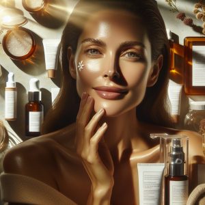 Glowing model applying Envy Vitamin C Serum surrounded by skincare products labeled with unique benefits and ingredients, bathed in natural sunlight
