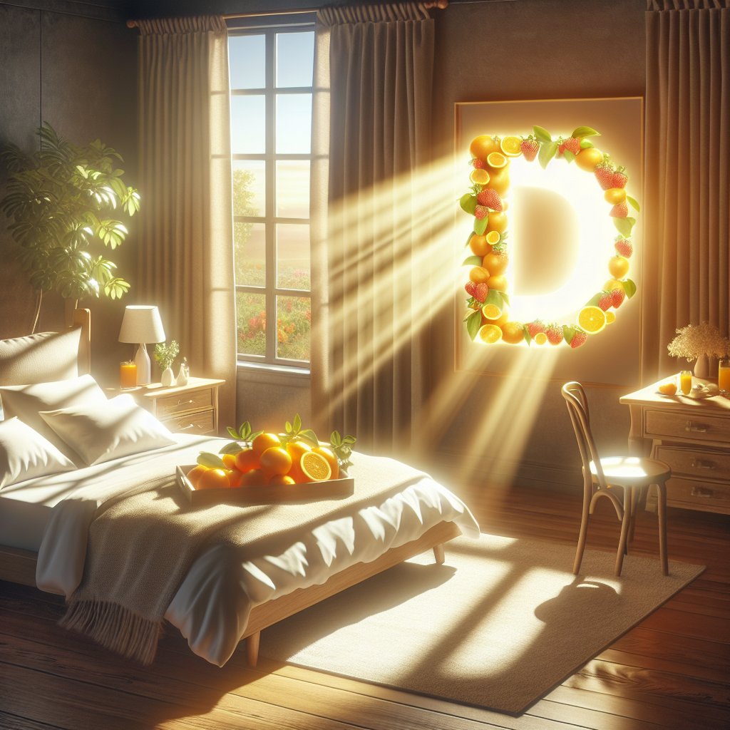 Cozy bed with Vitamin D-rich fruits in serene morning light