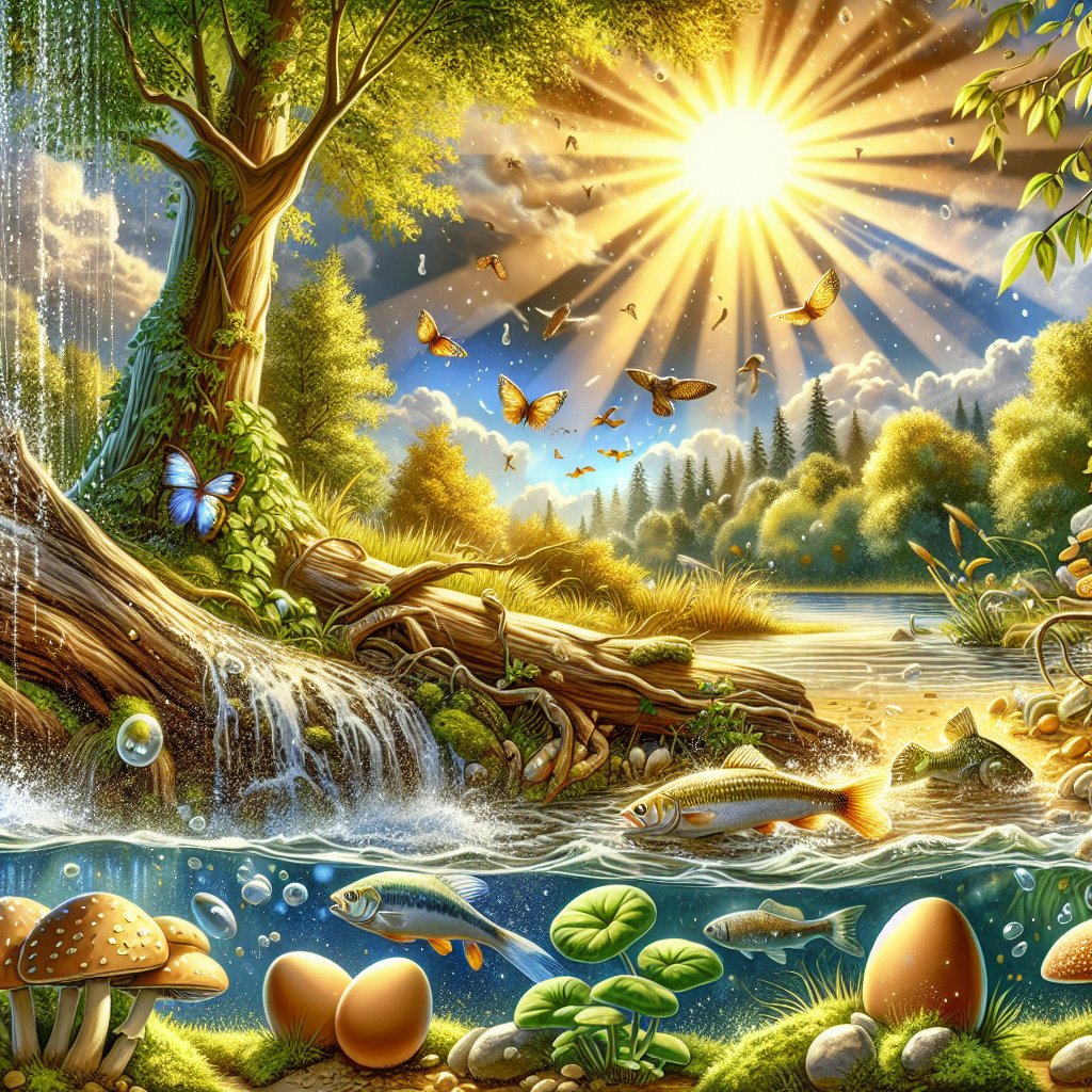 A vibrant outdoor scene with fish, mushrooms, eggs, and sunlight, depicting natural sources of Vitamin D