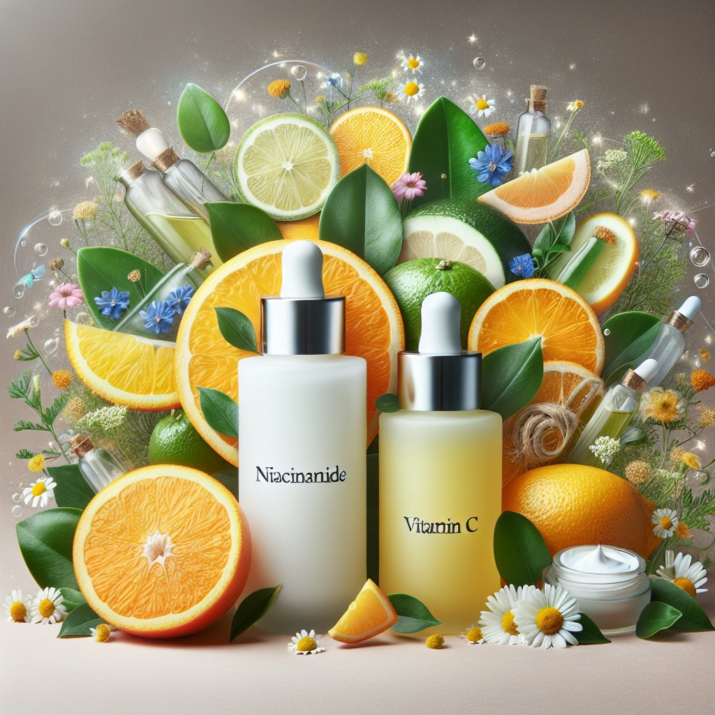 Elegantly presented skincare bottles surrounded by fresh citrus fruits, green tea leaves, and chamomile flowers representing the harmonious combination of niacinamide and vitamin C in skincare routines.