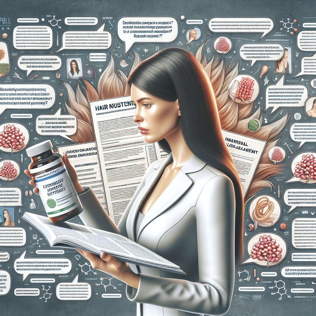 Person holding Nutrafol bottle, reading scientific studies and expert opinions, surrounded by natural ingredients and constipation testimonials.