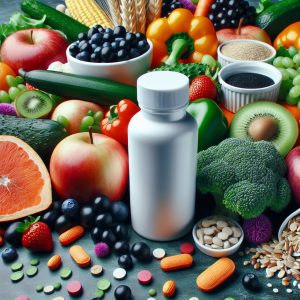Sleek bottle of Nutrafol surrounded by colorful fruits, veggies, and whole grains, promoting vitality and wellness.