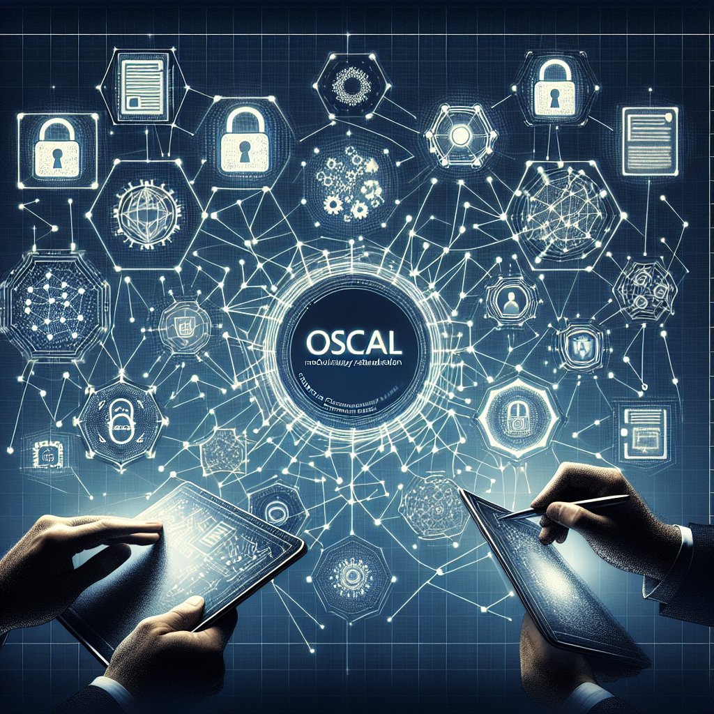 An illustration of interconnected digital security nodes, showcasing the significance of OSCAL in modernizing and standardizing cybersecurity frameworks.