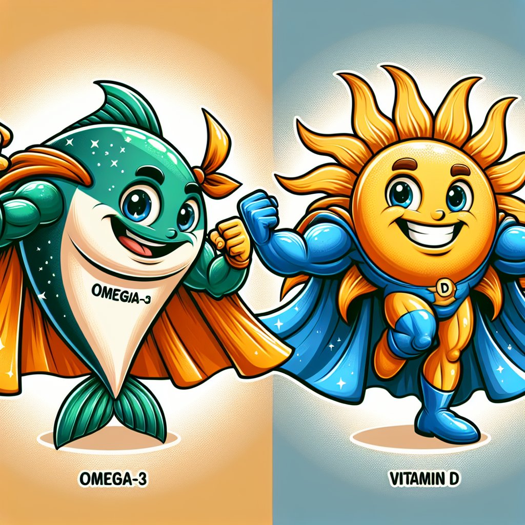 Cartoon characters of Omega-3 and Vitamin D in a friendly yet competitive stance, showcasing their vibrant and engaging features and superpowers.