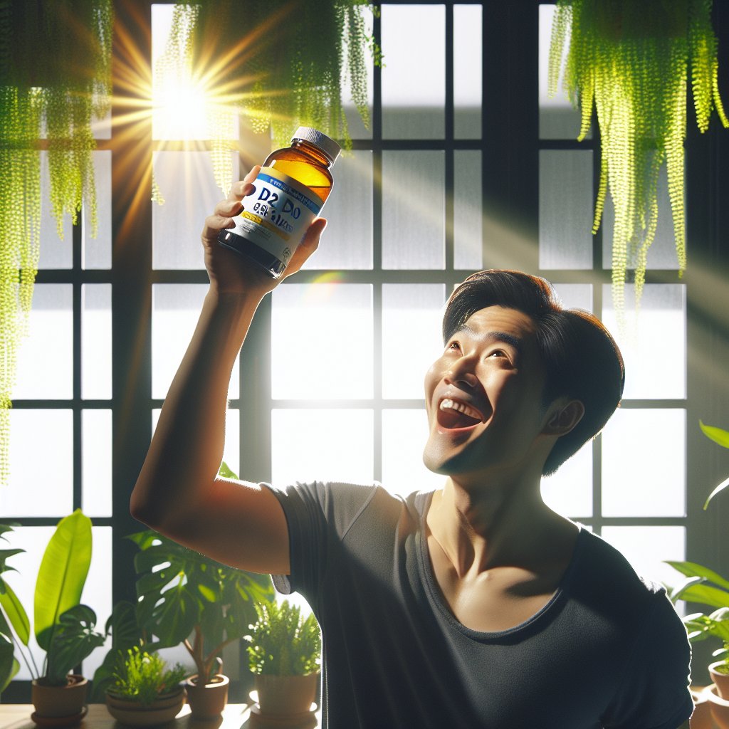 Person in a sunlit room holding a bottle of Vitamin D2 50,000 units and smiling amidst plants and natural light