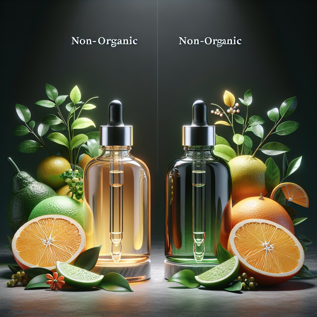 Elegant glass dropper bottles with vibrant citrus fruits and green botanicals, showcasing the comparison between organic and non-organic vitamin C serums.