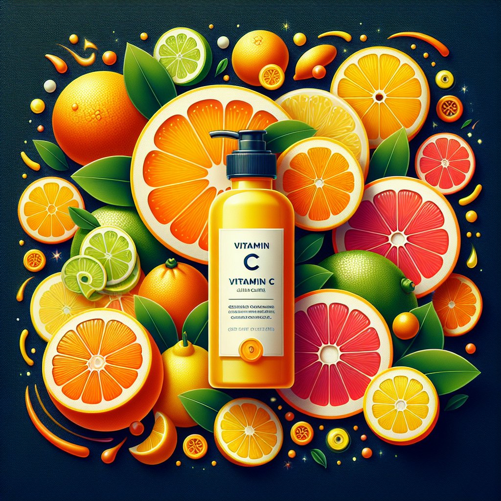 Vibrant citrus fruits rich in Vitamin C alongside Melano CC Vitamin C product
