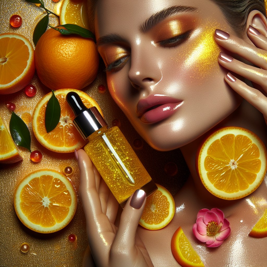 Radiant skin surrounded by citrus fruits and vitamin C serums