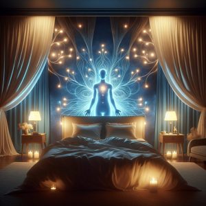 Tranquil bedroom setting with comfortable bedding and soft lighting