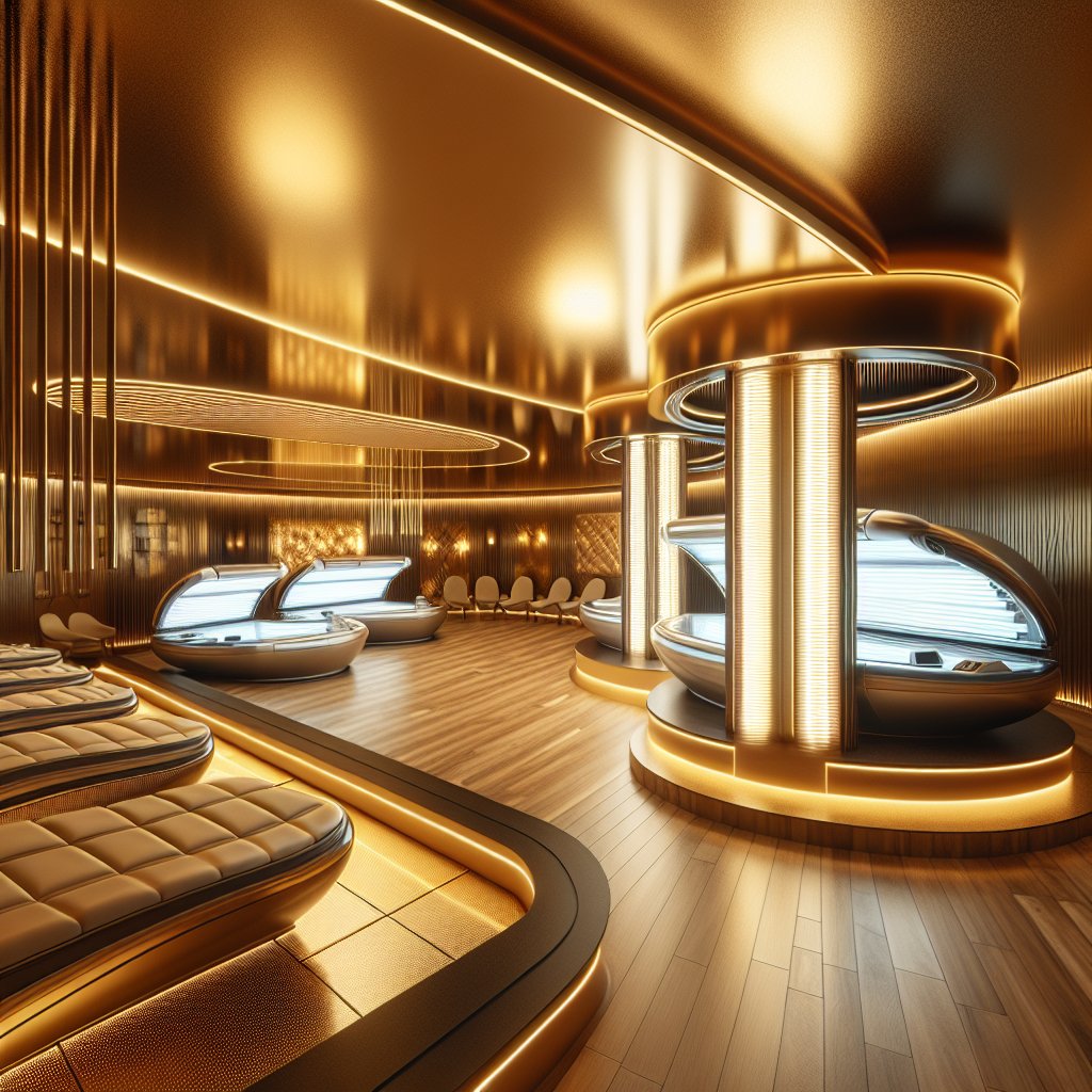 Modern tanning salon interior with golden glow and chic tanning beds.