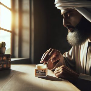 Person gently applying Medpura Vitamin A and D Ointment onto their skin in a serene environment near a window with soft natural lighting, emphasizing self-care and wellness.