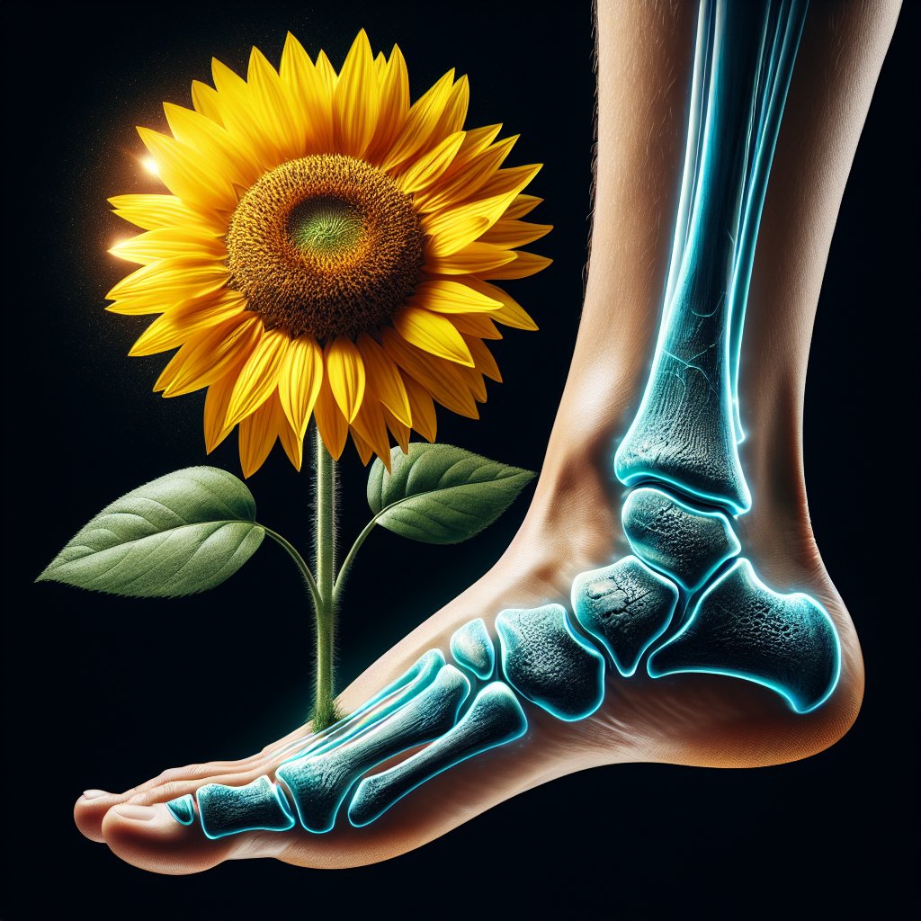 A radiant sunflower blooming from a healthy human foot, symbolizing the healing effects of vitamin D on plantar fasciitis.