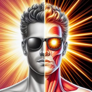 Person wearing sunglasses in sunlight and shade, illustrating UV radiation contrast and impact on Vitamin D absorption.