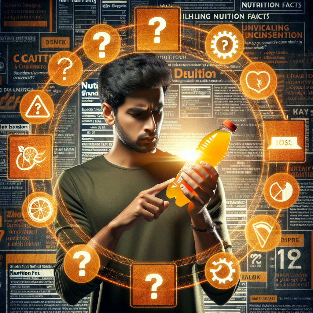 Concerned consumer examining Sunny D nutrition label surrounded by question marks and caution signs