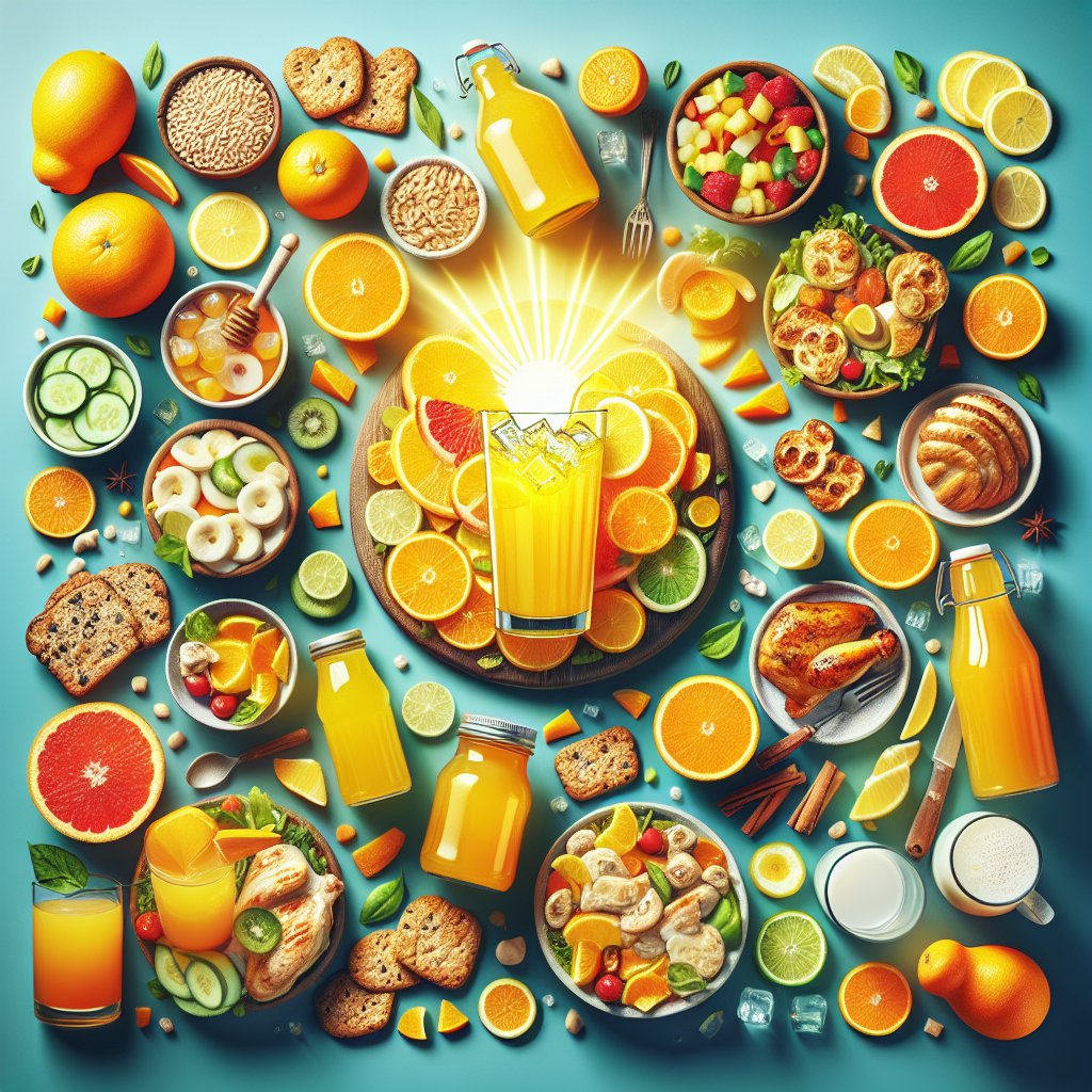 A vibrant image showing a variety of balanced and nutritious meals and snacks featuring Sunny D, emphasizing moderation and diversity in consumption.