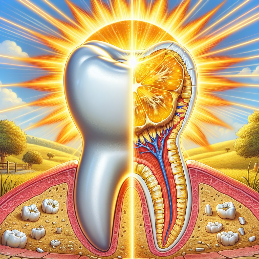 Sunny scene with bright sunlight representing natural Vitamin D sources, and healthy teeth to depict the transformative impact of Vitamin D on dental health.