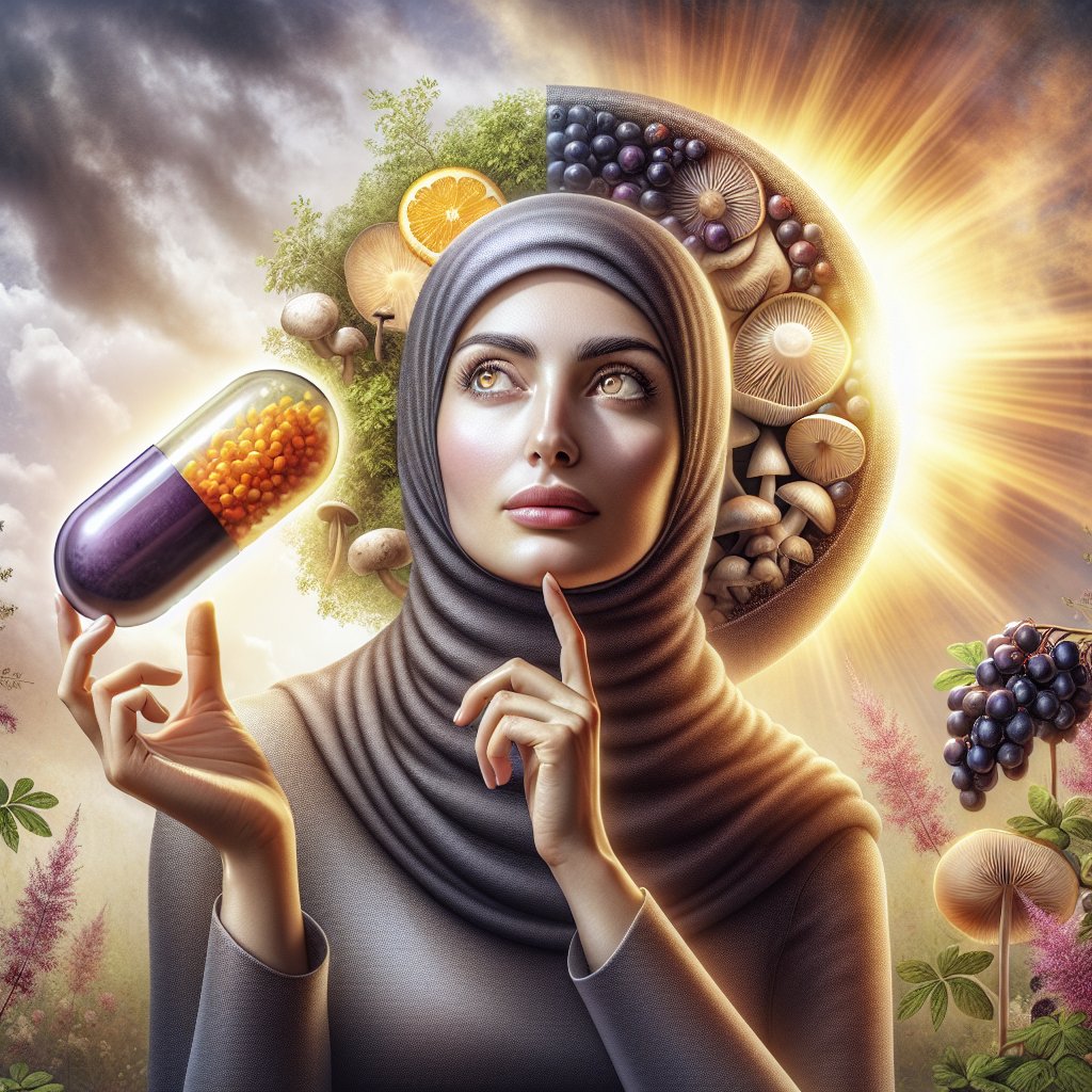 Person holding a half Vitamin D and half Elderberry capsule, surrounded by natural sources of Vitamin D and Elderberry, conveying balance and thoughtful consideration.