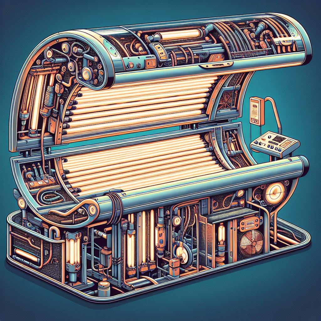 Intricate inner workings of a tanning bed illustrating its technology for tanning the skin.
