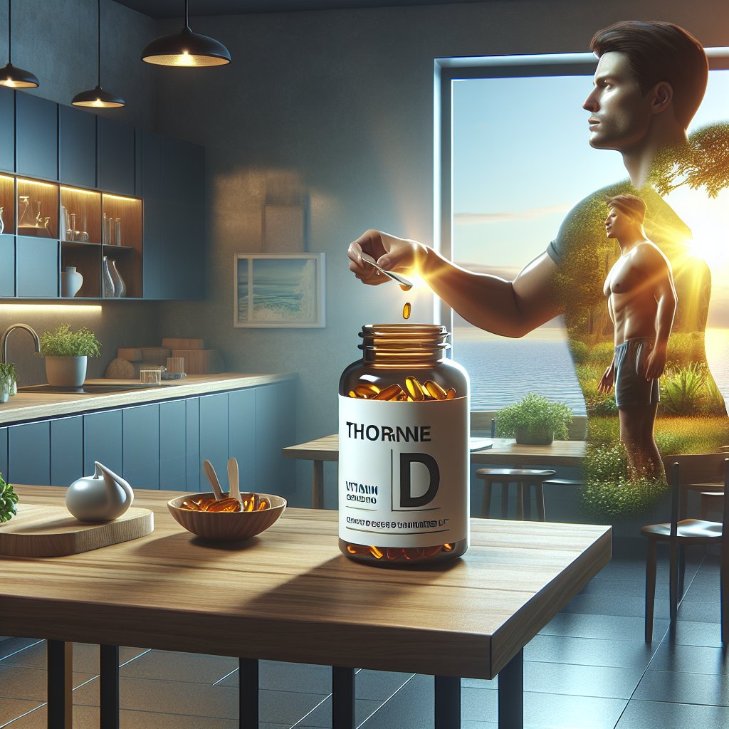 Person taking precise dosage of Thorne Vitamin D supplement in well-lit, modern kitchen