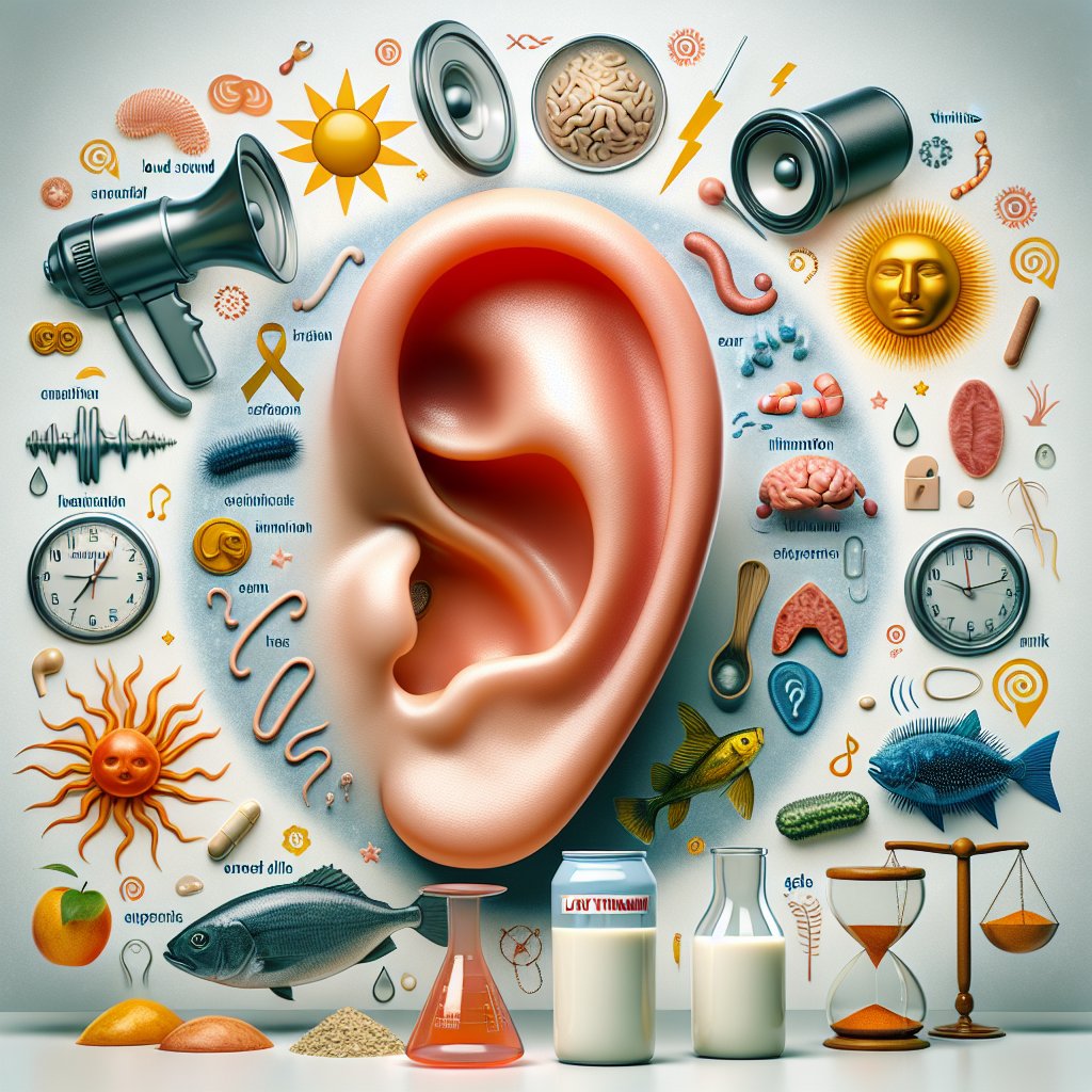 Human ear surrounded by causes of tinnitus, with visual representations of Vitamin D sources like sunlight, fortified milk, and fatty fish