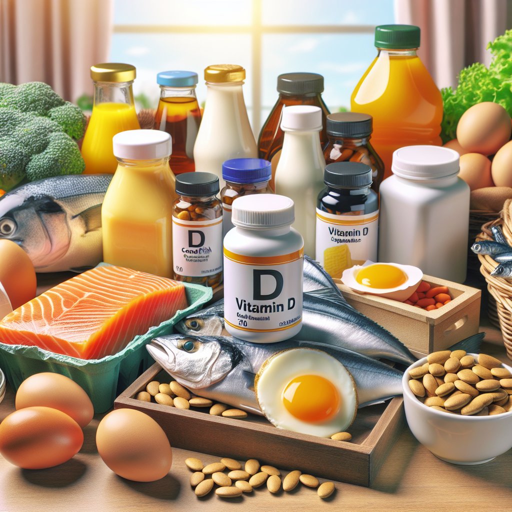 An assortment of Trader Joe's Vitamin D supplements, fortified dairy products, canned fish, and egg yolks, presented in a vibrant and health-oriented display.