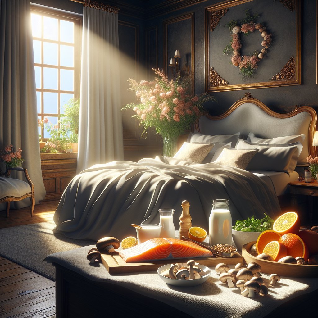 Cozy bed adorned with Vitamin D-rich foods in serene, natural-lit bedroom scene