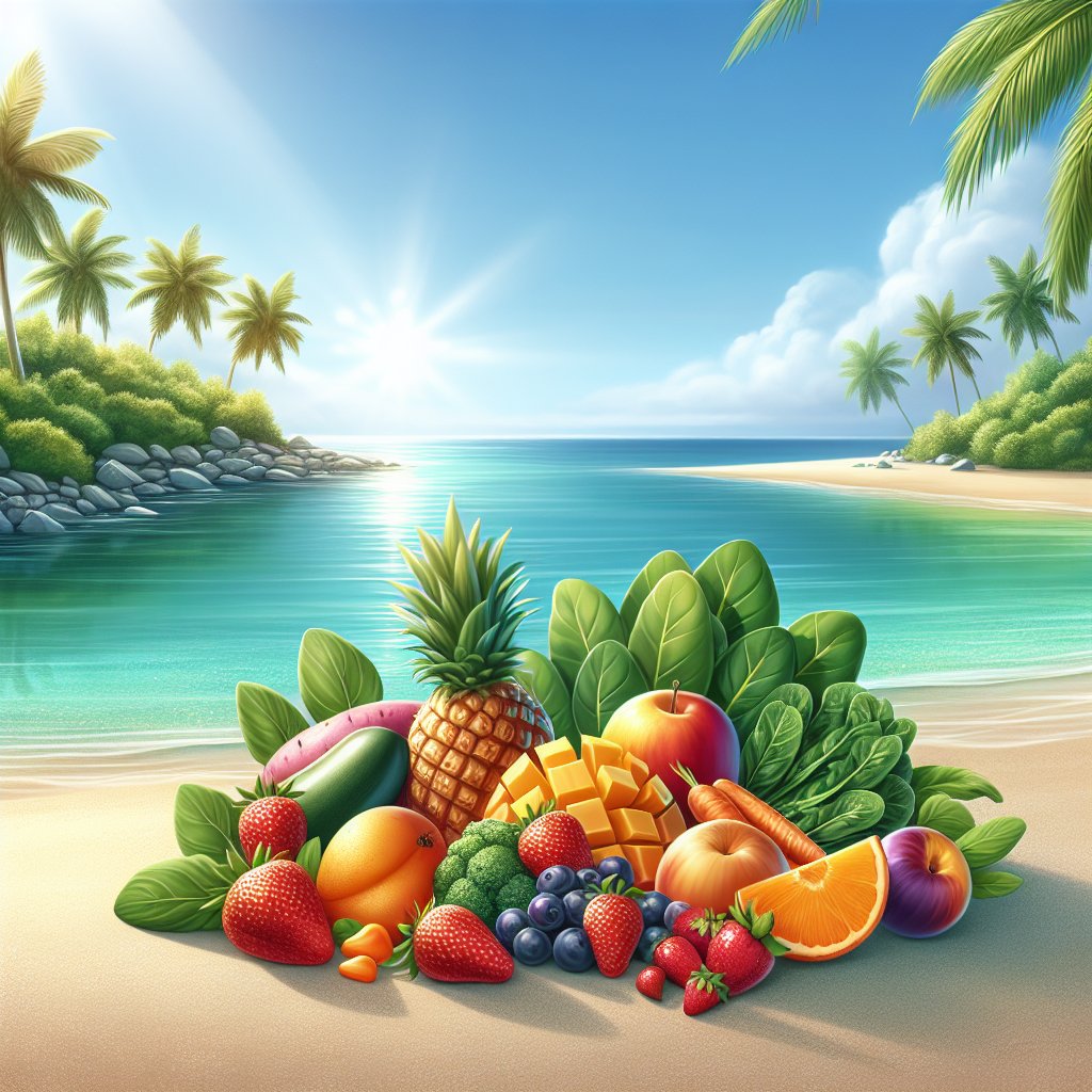 A serene beach scene with crystal-clear turquoise water and palm trees swaying in the breeze, alongside a vibrant array of colorful fruits and antioxidant-rich vegetables.