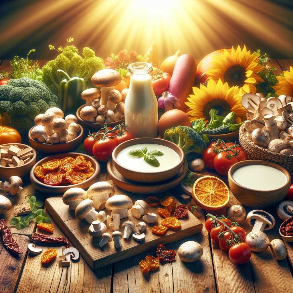 Vibrant and colorful vegetarian spread featuring mushrooms, plant-based milk, tofu, and sun-dried tomatoes, symbolizing the vitality and wellness of a Vitamin D3-rich diet.