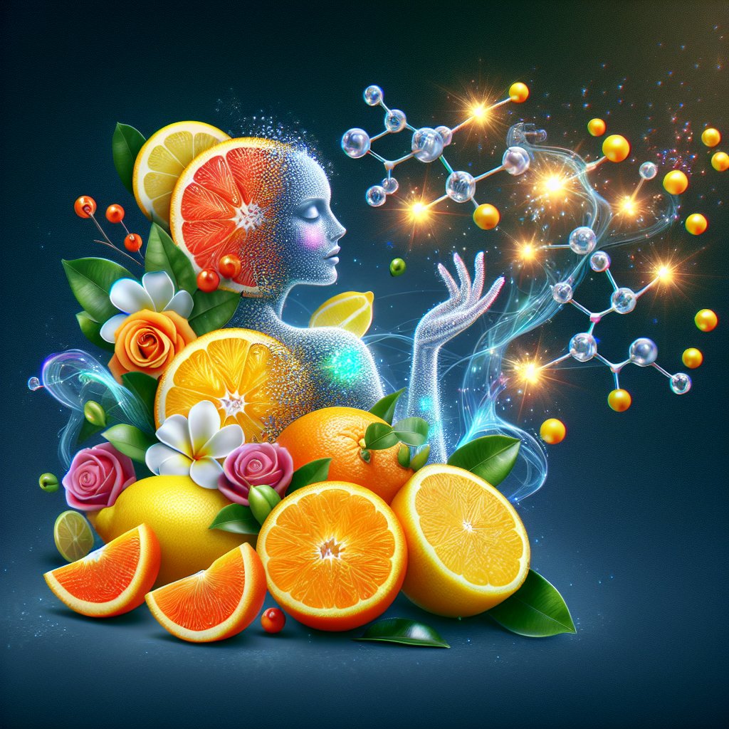 Vibrant citrus fruits rich in vitamin C juxtaposed with elegant hyaluronic acid molecules.