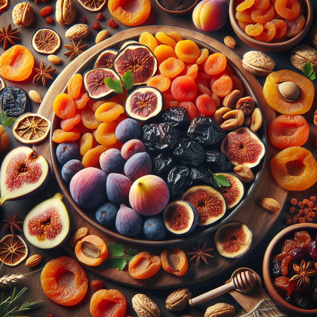 Assorted dried figs, apricots, and prunes arranged in a vibrant display, promoting the power of Vitamin D for overall health.