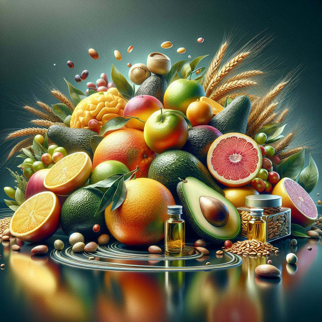 Assortment of fresh citrus fruits and avocados on a modern surface