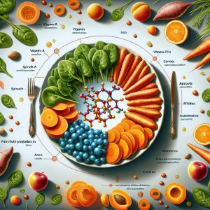 Colorful plate with spinach, sweet potatoes, carrots, and apricots, showing an enlarged vitamin A molecule overshadowing iron absorption to illustrate the delicate balance between vitamin A and iron.