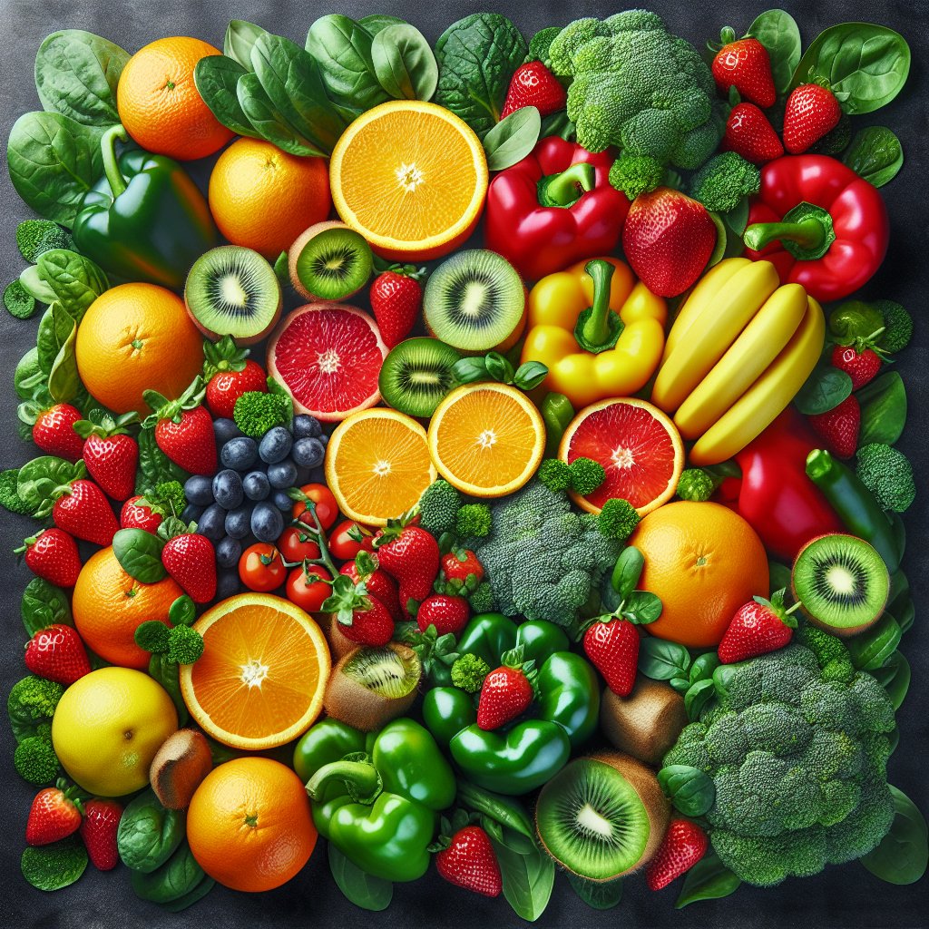 Assorted vitamin C-rich fruits and vegetables including oranges, strawberries, bell peppers, kiwi, broccoli, and spinach arranged in a vibrant and diverse spread, symbolizing the importance of a balanced diet in meeting the body's vitamin C needs.