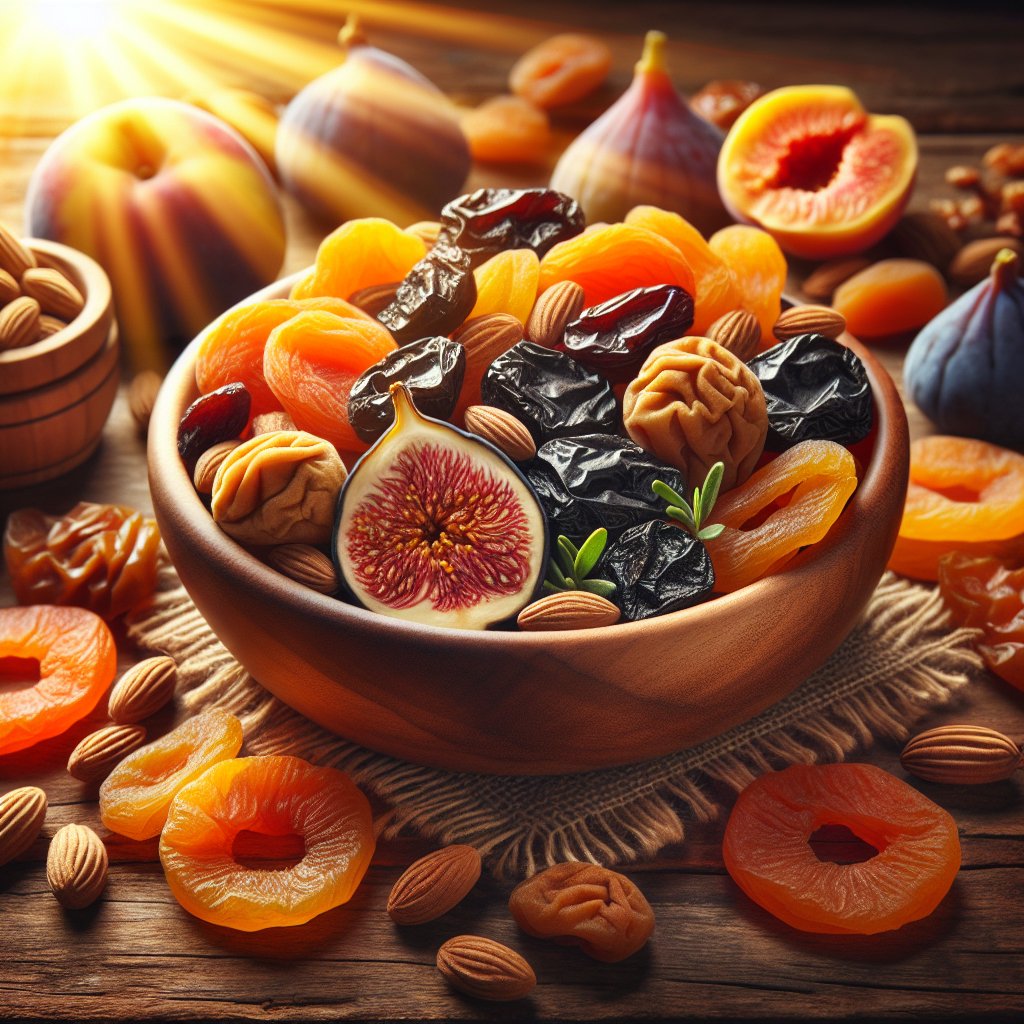 Assortment of Vitamin D-rich dry fruits arranged in an artful and appetizing manner, symbolizing health and well-being.