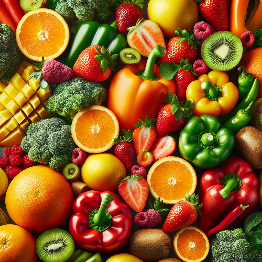 Assortment of oranges, strawberries, kiwi, bell peppers, and broccoli showcasing the colorful and nutritious nature of Vitamin C-rich foods.