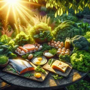 Sunlit garden scene featuring kale, spinach, egg yolks, fatty fish, and fermented dairy products rich in Vitamin D3 and K2.