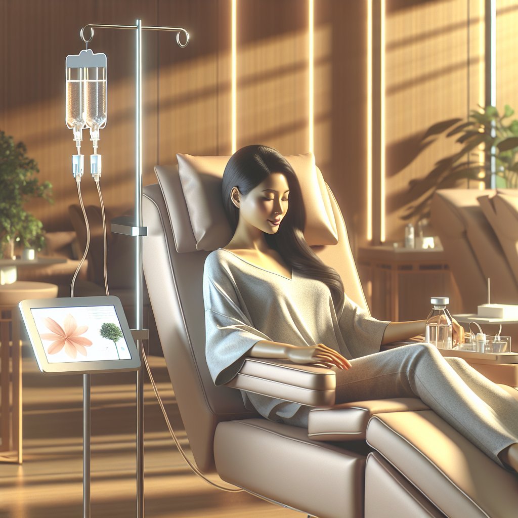 Person receiving revitalizing vitamin IV therapy infusion in a modern clinic setting.