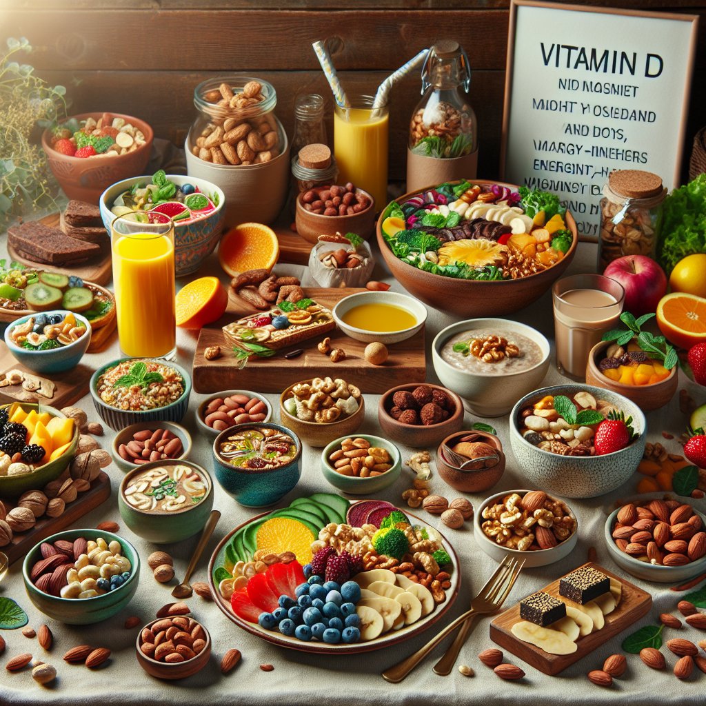 Colorful array of salads, smoothie bowls, oatmeal, and energy bars incorporating Vitamin D-rich nuts in a health-conscious setting.