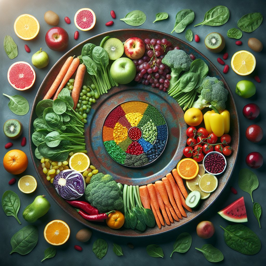 A plate filled with colorful fruits, leafy greens, and iron-rich foods, highlighting the relationship between vitamins and mineral absorption for overall health.