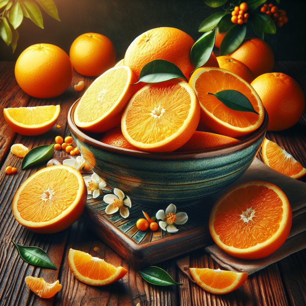 Sliced oranges in a bowl surrounded by leaves and blossoms, representing vitality and health