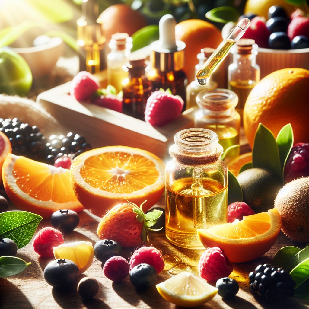 Assortment of organic fruits including oranges, lemons, and berries, bathed in soft sunlight
